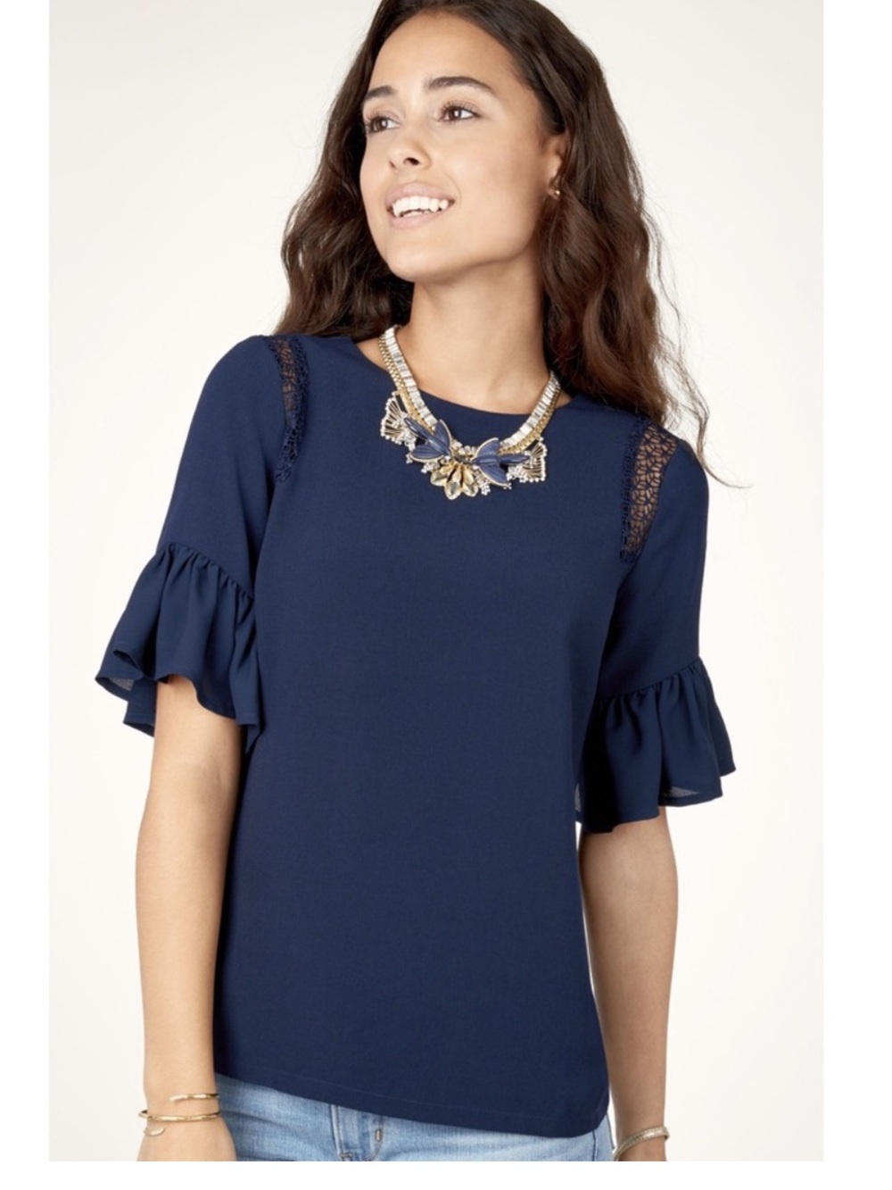 Stella & Dot Maette Margot Navy Ruffle Sleeve Top with Lace Details, EUC, Small